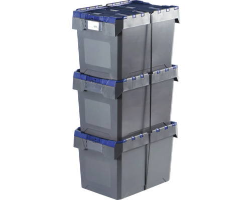 Drie grijze kunststof opbergboxen, gestapeld en vastgebonden met banden.