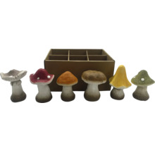 Decoratieve paddenstoelfiguren in verschillende vormen en kleuren met kartonnen verpakking