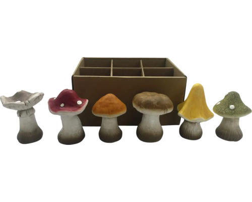 Decoratieve paddenstoelfiguren in verschillende vormen en kleuren met kartonnen verpakking