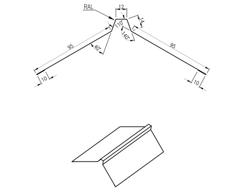 Technische tekening van een nokstuk met maatvoering