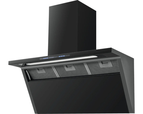 Zwarte afzuigkap met metalen filters en bedieningspaneel