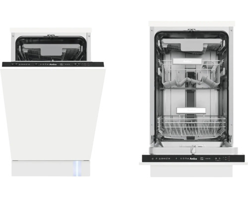 AMICA EGSPV 584 900 Volledig geïntegreerde vaatwasmachine 45 cm Twee weergaven van een Amica vaatwasser met open deur.
