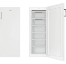 Amica vriezer met vijf vrieslades, deur open en gesloten afgebeeld