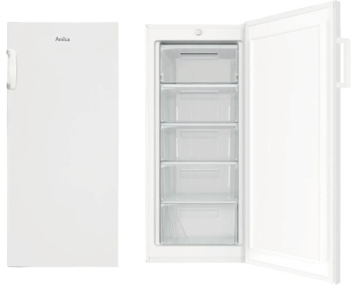 Vrijstaande Amica vriezer met vijf lades, gedeeltelijk geopend.