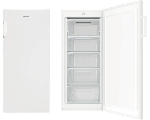 Amica vriezer met laden, deur open en gesloten weergegeven