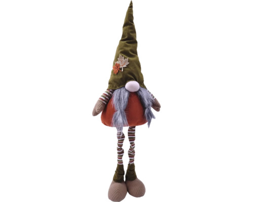 Decoratieve stoffen kabouter met gestreepte muts en herfstbladapplicaties