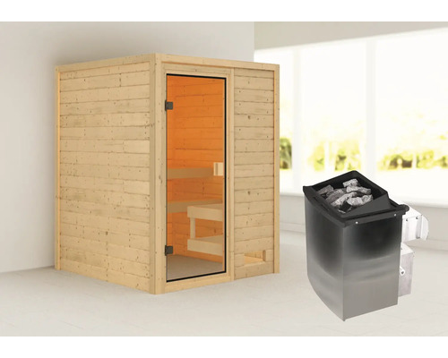 Sauna met glazen voorkant en saunaoven met saunastenen