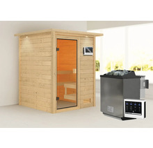 Houten sauna met glazen deur, saunakachel en bedieningspaneel