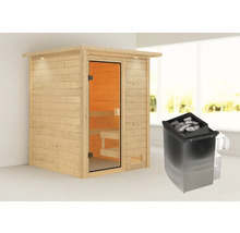 Houten sauna met glazen deur en saunakachel