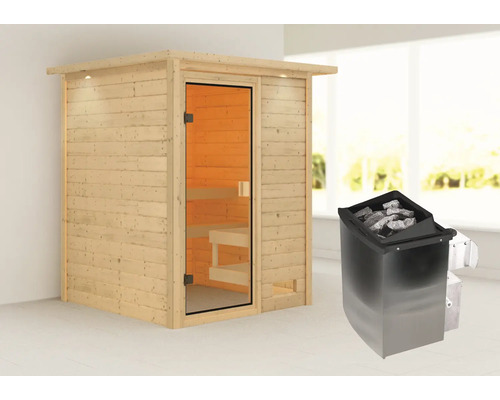 Houten sauna met glazen deur en saunakachel