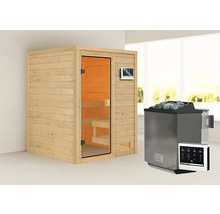 Sauna met houten bekleding, glazen deur, saunakachel en bedieningselementen.