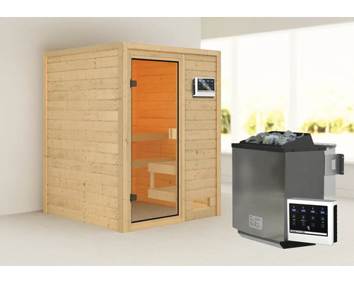 Sauna met houten bekleding, glazen deur, saunakachel en bedieningselementen.