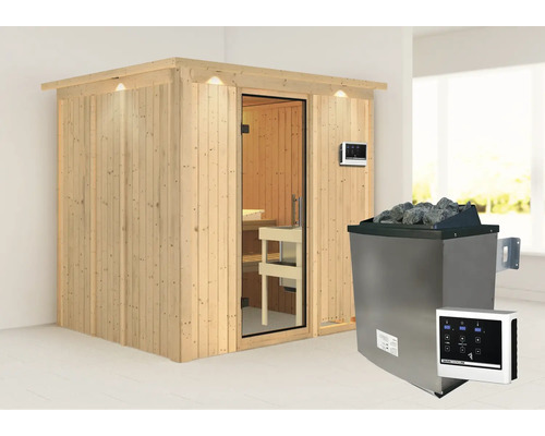 Sauna met saunakachel, stenen en bediening