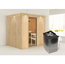 Houten sauna met glazen deur en saunakachel met saunastenen