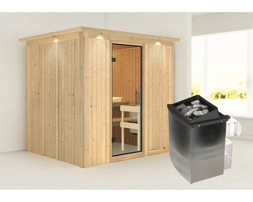 Houten sauna met glazen deur en saunakachel met saunastenen