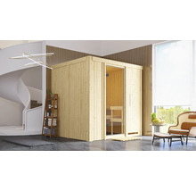 Interieurbeeld met houten sauna, ladderrek en wenteltrap