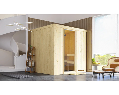Interieurbeeld met houten sauna, ladderrek en wenteltrap