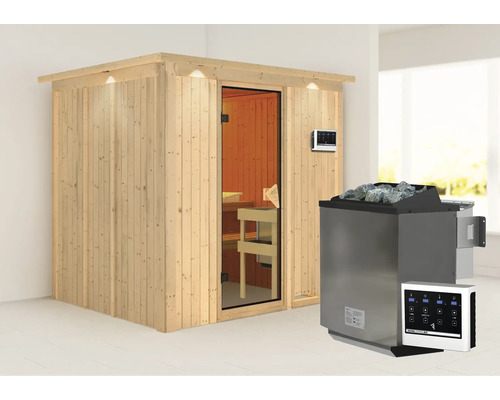 Sauna met kachel en digitaal bedieningspaneel in een lichte ruimte
