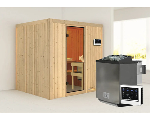 Houten sauna met kachel en bediening