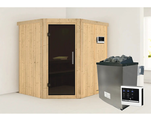 Hoeksauna met glazen deur en saunakachel met stenen