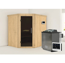 Houten sauna met glazen deur en saunakachel met stenen