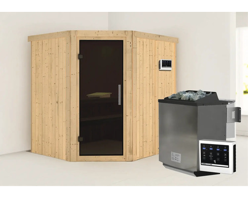 Houten sauna met glazen deur en saunakachel met stenen