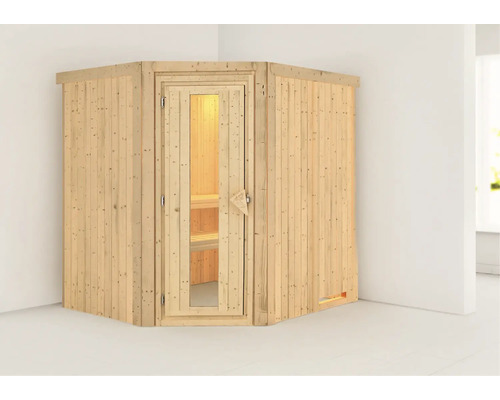 Houten hoeksauna met glazen deur