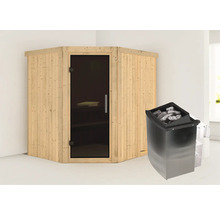 Houten sauna met glazen deur en saunakachel