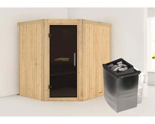 Houten sauna met glazen deur en saunakachel