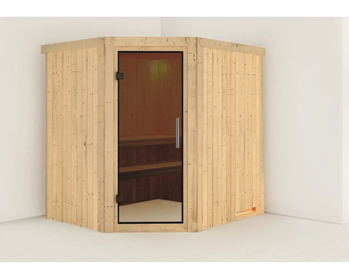 Hoeksauna van hout met glazen deur