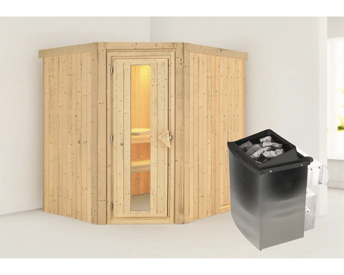 Houten hoeksauna met kachel en saunastenen