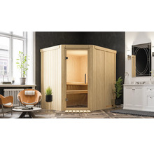 Houten hoeksauna met glazen deur in een badkamer