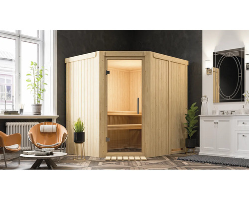 Houten hoeksauna met glazen deur in een badkamer