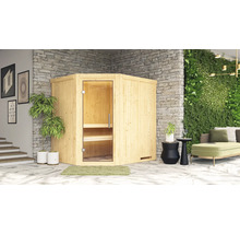 Houten sauna met glazen deur in een moderne kamer