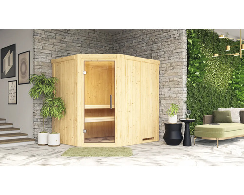 Houten sauna met glazen deur en interne banken