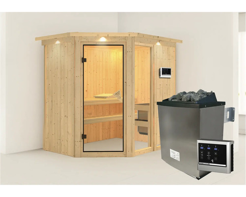 Hoeksauna met kachel en digitale bediening