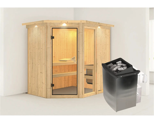 Hoeksauna met saunakachel voor binnenshuis