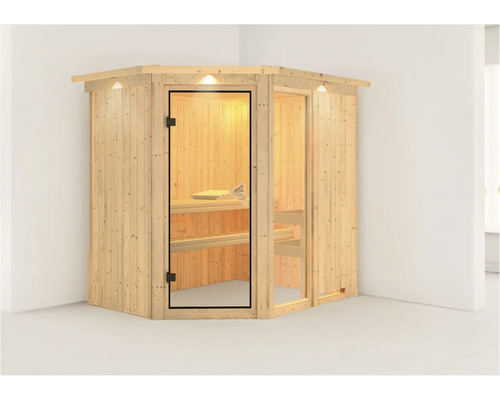 Hoeksauna met glazen deur en binnenverlichting voor binnengebruik