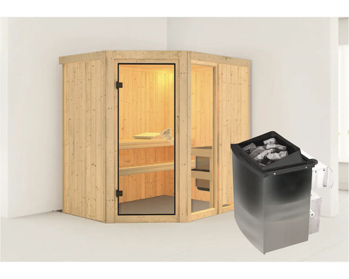 Hoeksauna met saunaoven en saunastenen