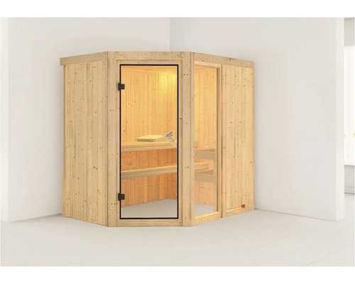 Hoeksauna met glazen deur en houten panelen