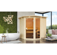 Moderne badkamerscène met houten sauna, bad en zithoek