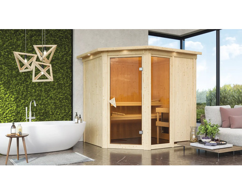 Moderne badkamerscène met houten sauna, bad en zithoek