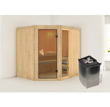 Houten hoeksauna met glazen deur en saunakachel