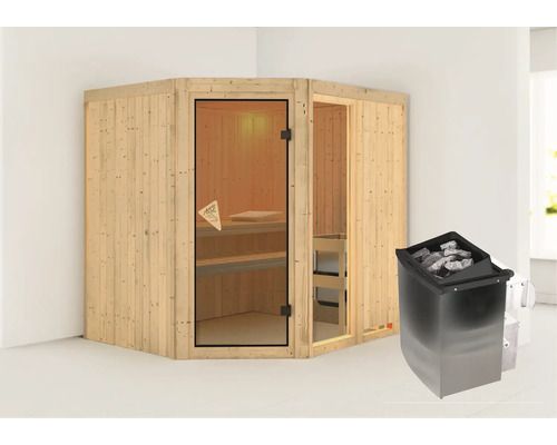 Houten hoeksauna met glazen deur en saunakachel