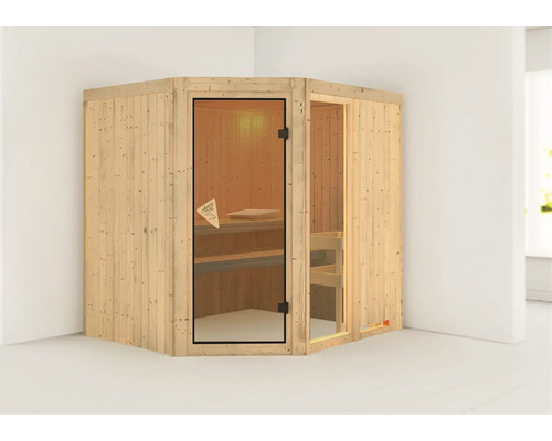 Hoeksauna van hout met glazen deur en banken