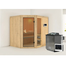 Hoeksauna van hout met glazen deur en kachel met stenen