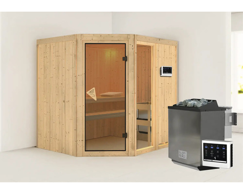 Hoeksauna van hout met glazen deur en kachel met stenen