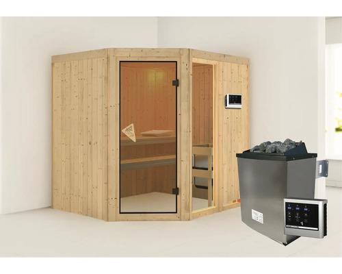 Hoeksauna met saunakachel en bediening voor ontspanning