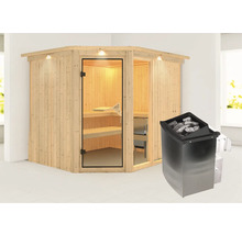 Hoeksauna met saunakachel in interieur