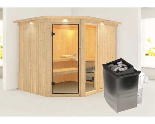 Hoeksauna met saunakachel in interieur